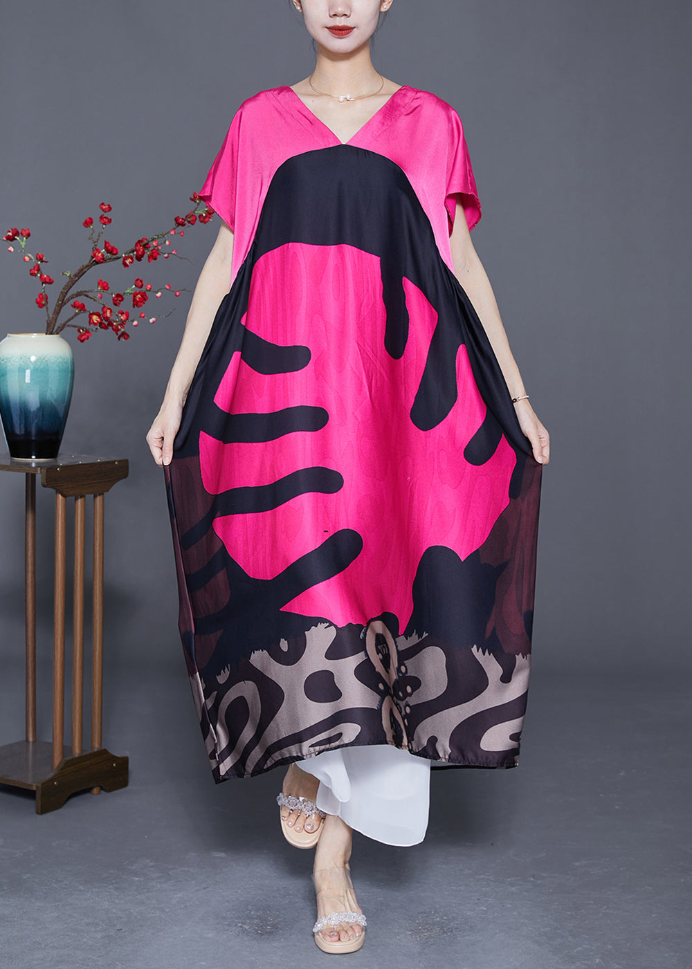 DIY Rose V Neck Patchwork Print Silk Maxi Dresses Summer LY4167 - fabuloryshop