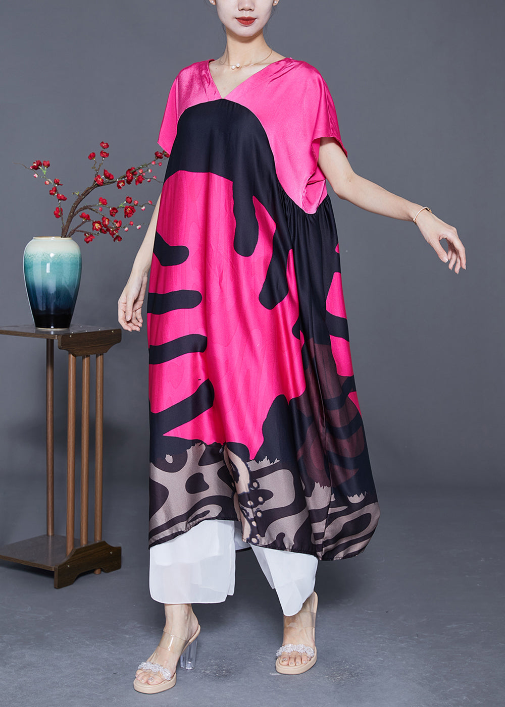 DIY Rose V Neck Patchwork Print Silk Maxi Dresses Summer LY4167 - fabuloryshop