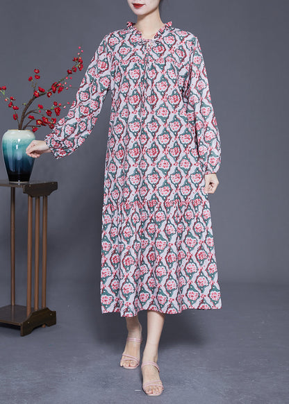 DIY Ruffled Lace Up Print Silk Long Dress Spring LY1813 - fabuloryshop