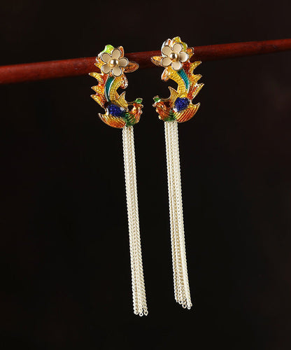 DIY Sterling Silver Cloisonne Floral Tassel Drop Earrings LY2276 - fabuloryshop