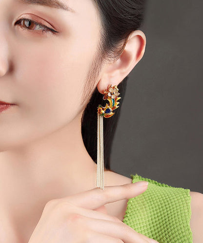 DIY Sterling Silver Cloisonne Floral Tassel Drop Earrings LY2276 - fabuloryshop