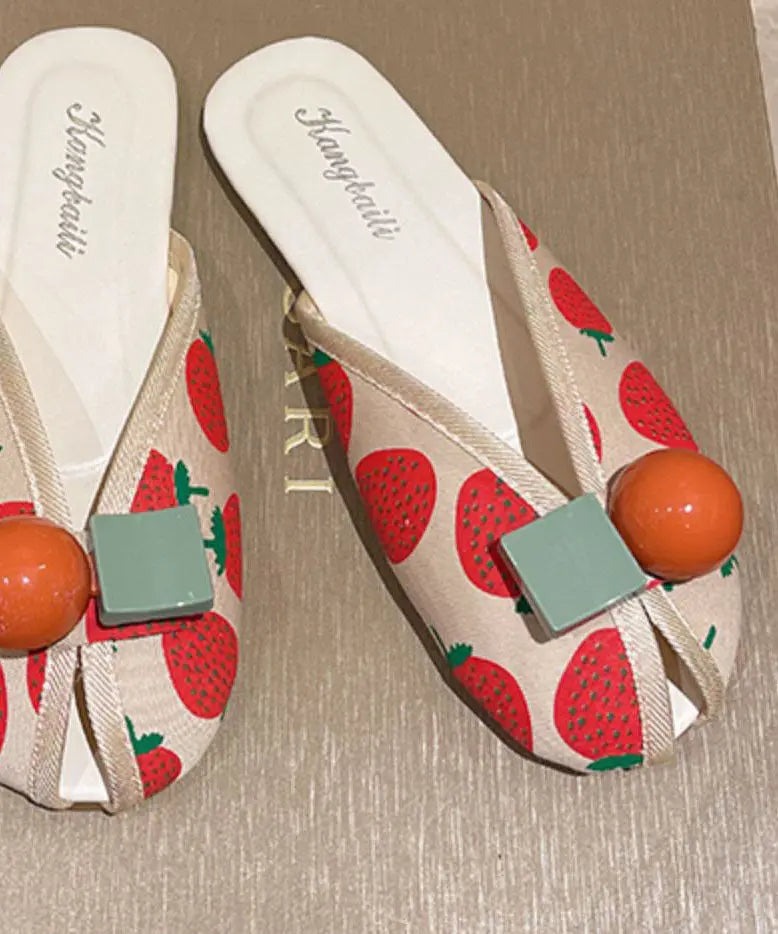 DIY Strawberry Print Splicing Slide Sandals Cotton Fabric Ada Fashion