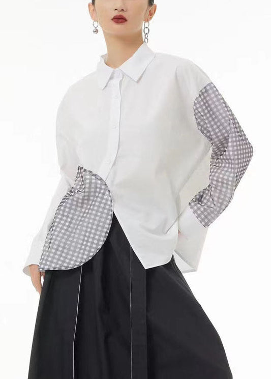 DIY White Asymmetrical Patchwork Plaid Cotton Shirt Summer TS1049 - fabuloryshop