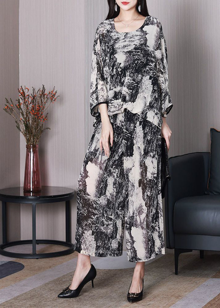 DIY White Oversized Ink Printing Chiffon Two Pieces Set Batwing Sleeve LY3731 - fabuloryshop