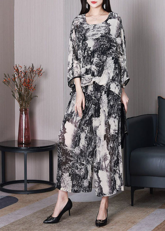 DIY White Oversized Ink Printing Chiffon Two Pieces Set Batwing Sleeve LY3731 - fabuloryshop