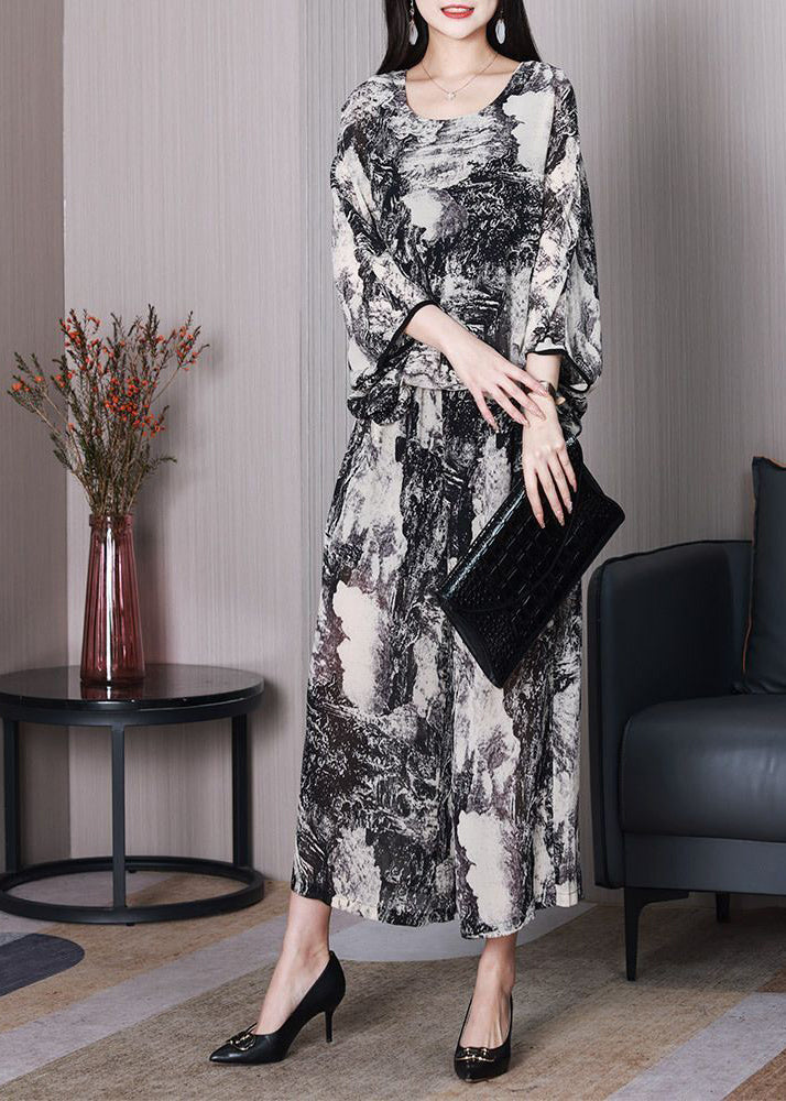 DIY White Oversized Ink Printing Chiffon Two Pieces Set Batwing Sleeve LY3731 - fabuloryshop