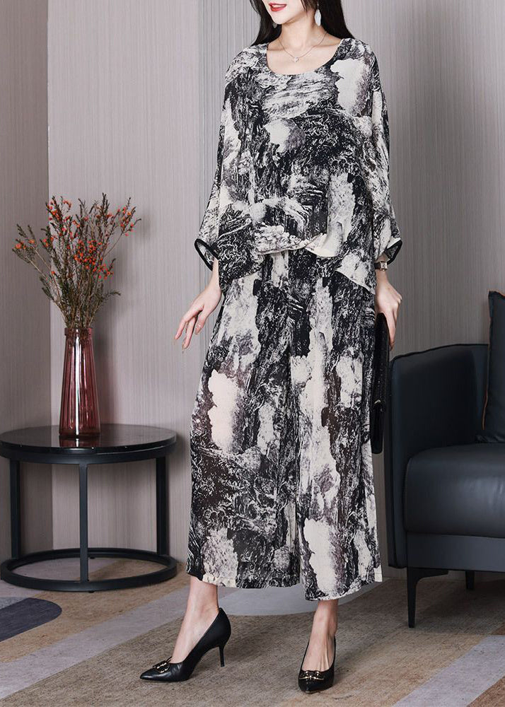 DIY White Oversized Ink Printing Chiffon Two Pieces Set Batwing Sleeve LY3731 - fabuloryshop