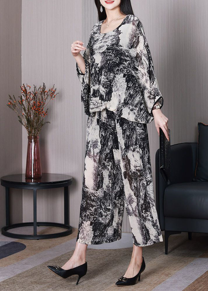 DIY White Oversized Ink Printing Chiffon Two Pieces Set Batwing Sleeve LY3731 - fabuloryshop