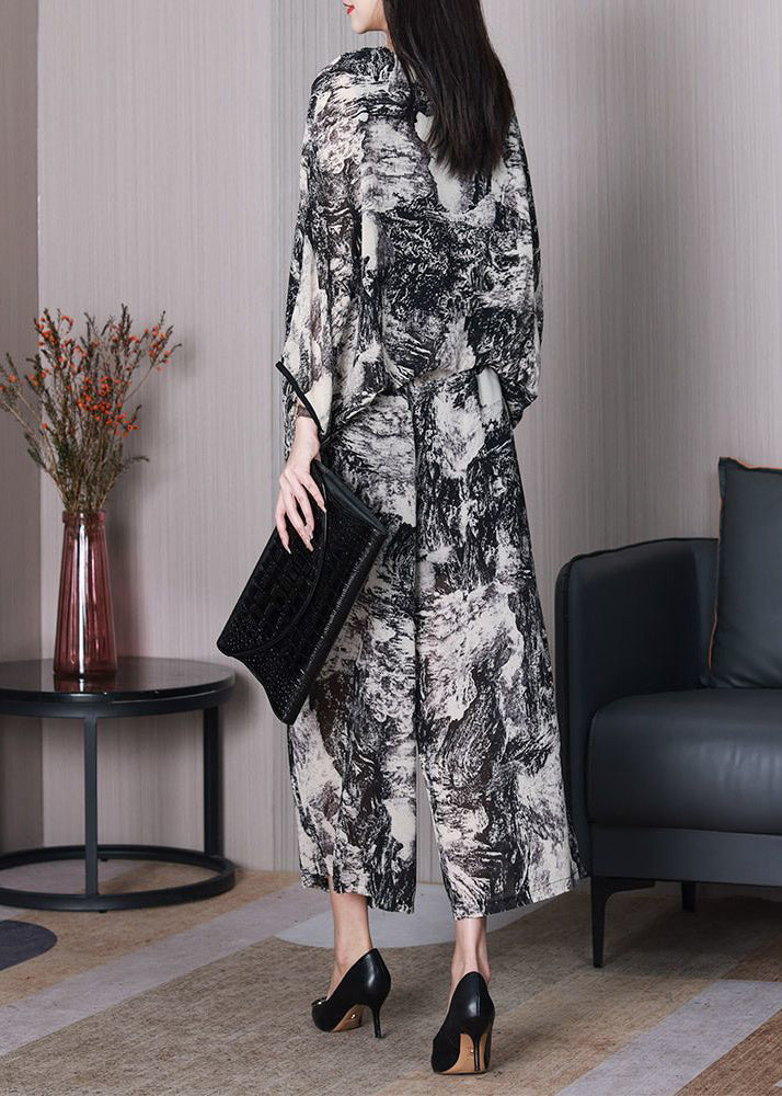 DIY White Oversized Ink Printing Chiffon Two Pieces Set Batwing Sleeve LY3731 - fabuloryshop
