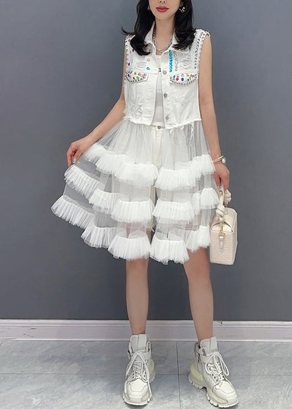 DIY White Peter Pan Collar Print Waistcoat Patchwork Tulle Party Mid Dress Sleeveless LY4332 - fabuloryshop