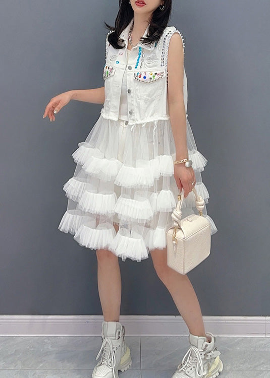 DIY White Peter Pan Collar Print Waistcoat Patchwork Tulle Party Mid Dress Sleeveless LY4332 - fabuloryshop