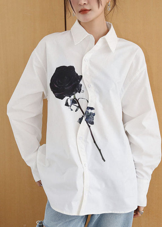 DIY White Peter Pan Collar Rose Print Cotton Shirt Tops Springs LY0755 - fabuloryshop