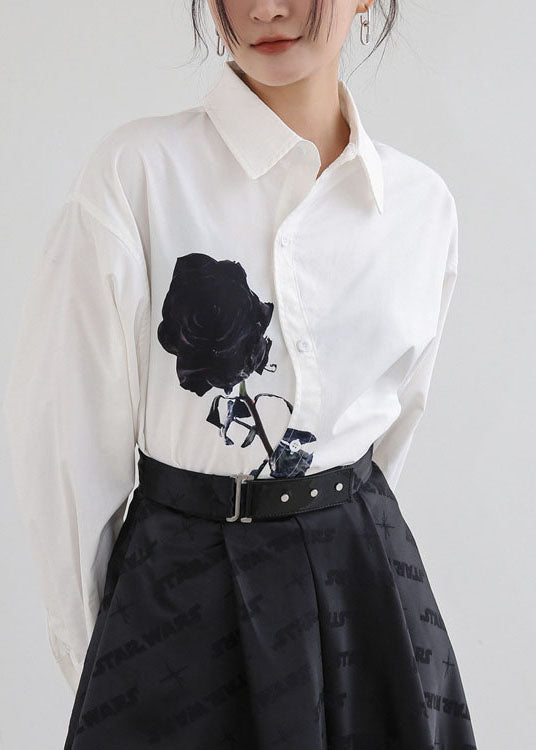 DIY White Peter Pan Collar Rose Print Cotton Shirt Tops Springs LY0755 - fabuloryshop