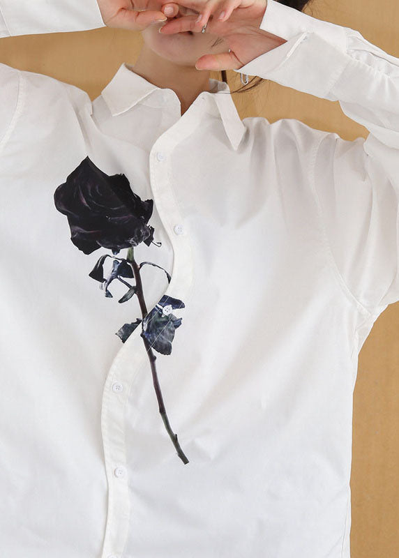 DIY White Peter Pan Collar Rose Print Cotton Shirt Tops Springs LY0755 - fabuloryshop