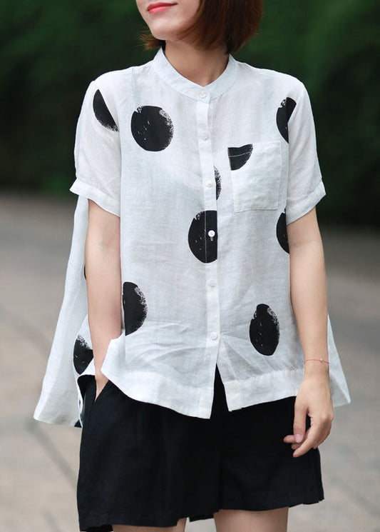 DIY White Stand Collar Dot Print Patchwork Linen Blouses Summer Ada Fashion