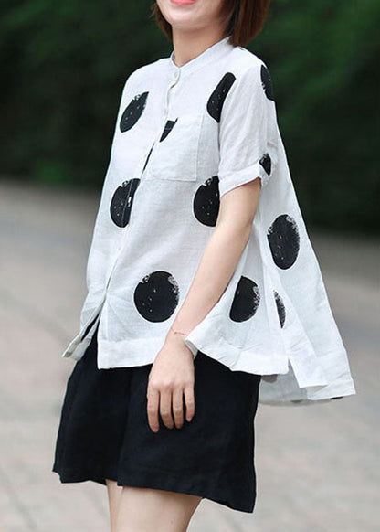 DIY White Stand Collar Dot Print Patchwork Linen Blouses Summer Ada Fashion