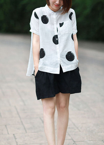 DIY White Stand Collar Dot Print Patchwork Linen Blouses Summer Ada Fashion