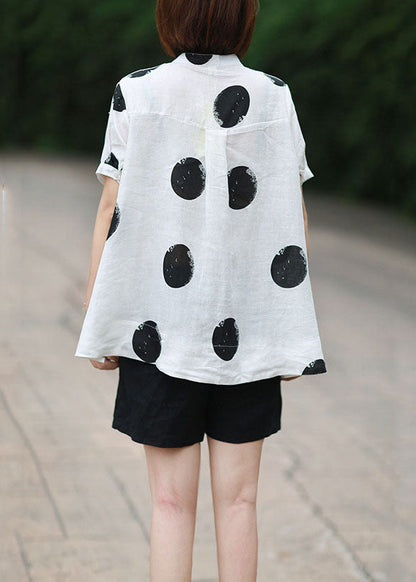 DIY White Stand Collar Dot Print Patchwork Linen Blouses Summer Ada Fashion