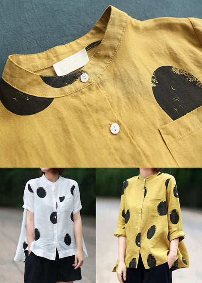 DIY White Stand Collar Dot Print Patchwork Linen Blouses Summer Ada Fashion