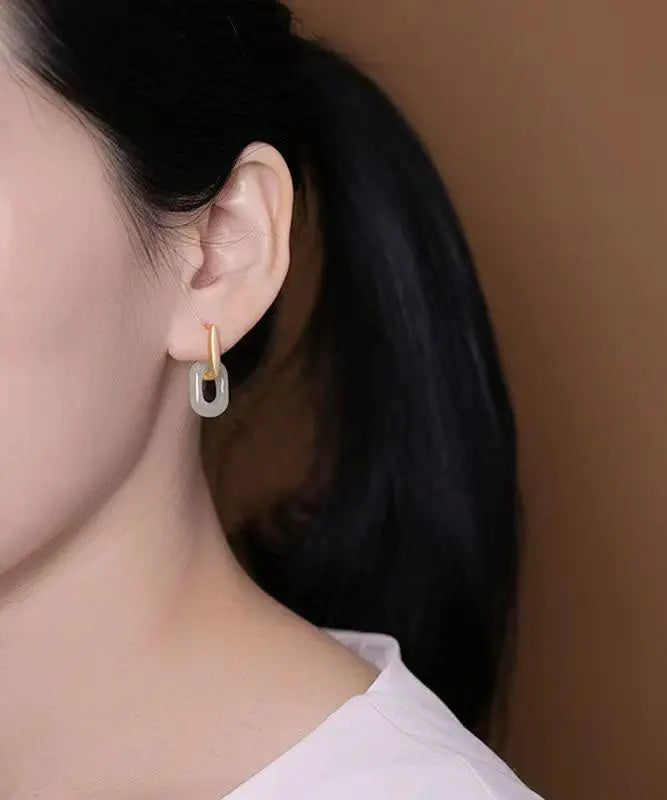 DIY White Sterling Silver Gilded Inlaid Jade Hoop Earrings Ada Fashion