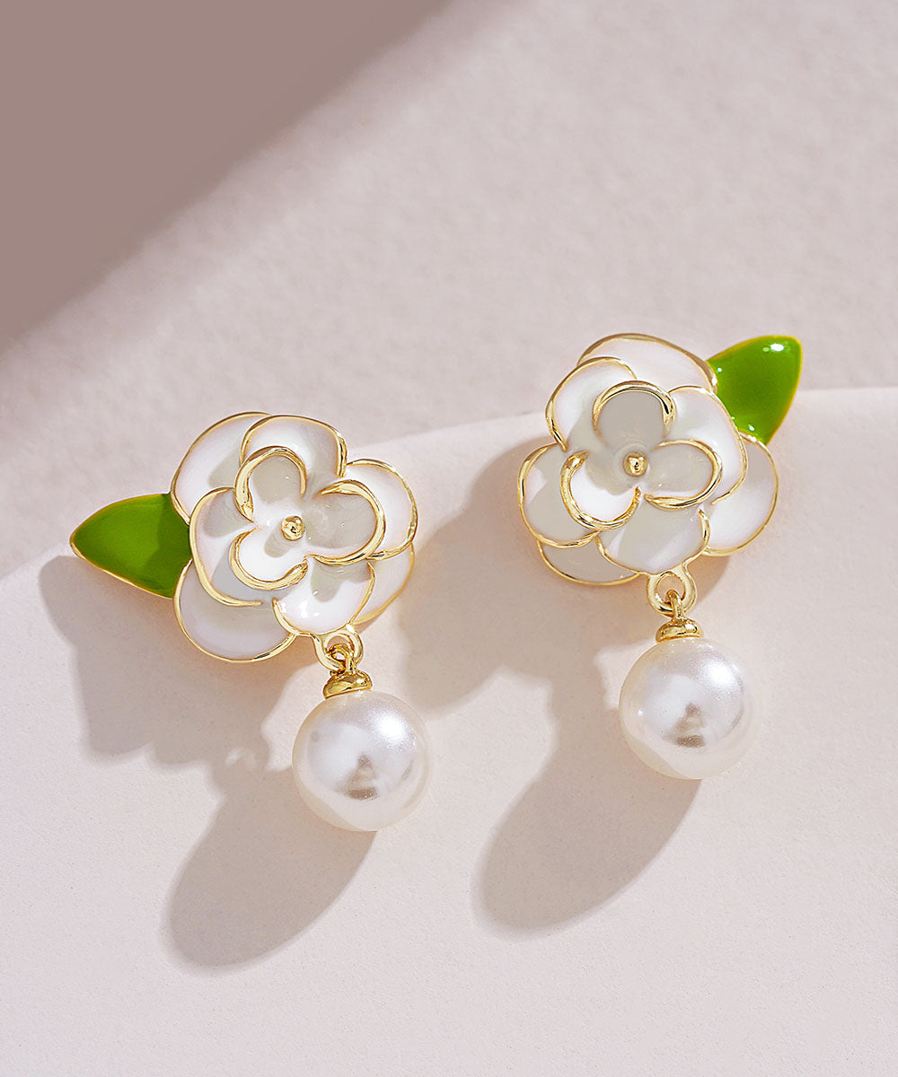 DIY White Sterling Silver Overgild Enamer Pearl Floral Drop Earrings TW1018 - fabuloryshop