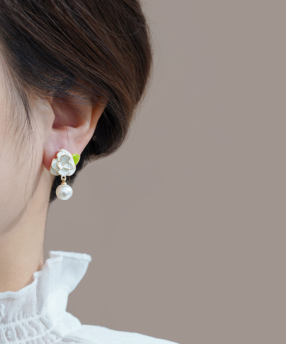 DIY White Sterling Silver Overgild Enamer Pearl Floral Drop Earrings TW1018