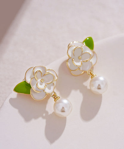 DIY White Sterling Silver Overgild Enamer Pearl Floral Drop Earrings TW1018 - fabuloryshop