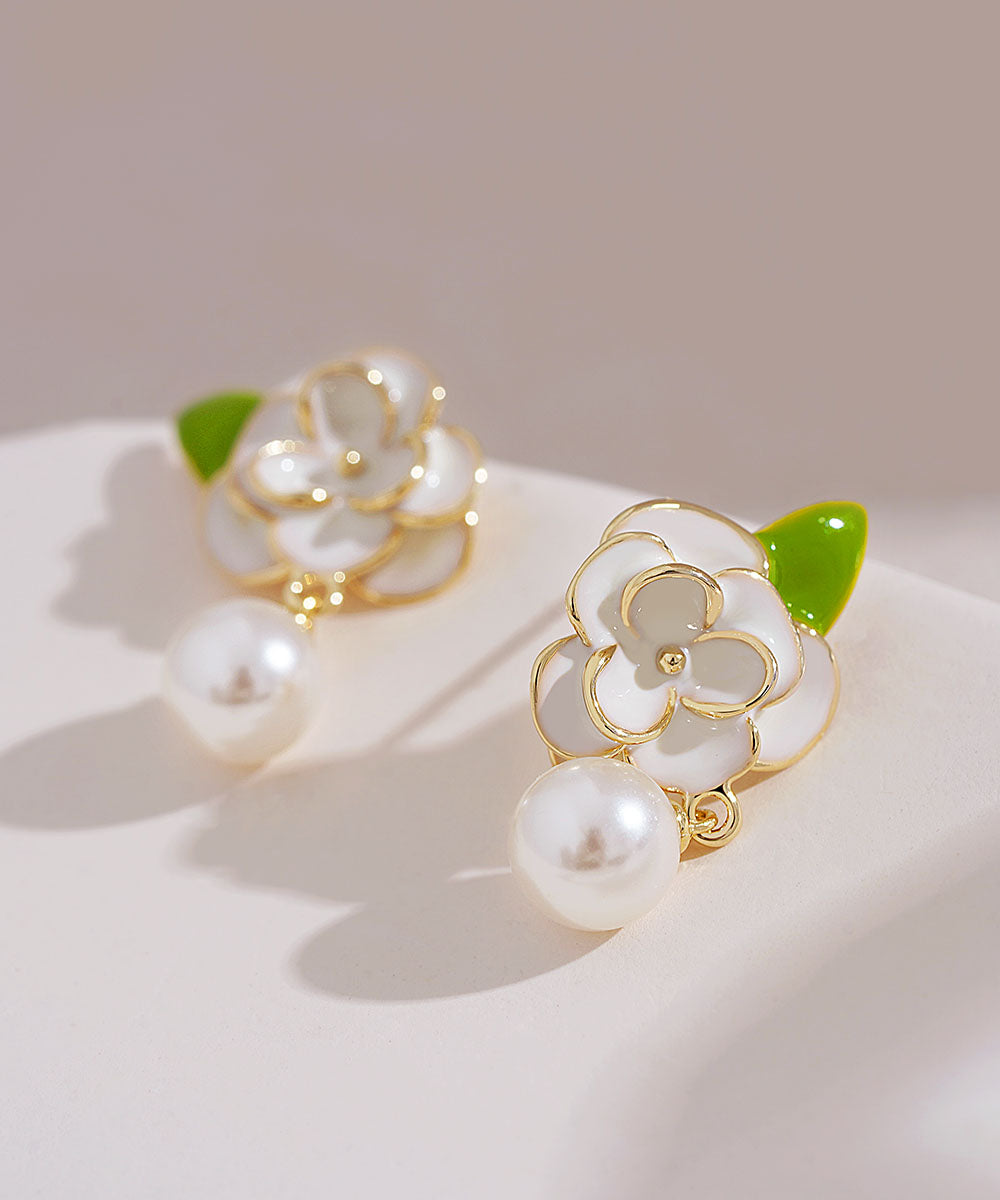 DIY White Sterling Silver Overgild Enamer Pearl Floral Drop Earrings TW1018