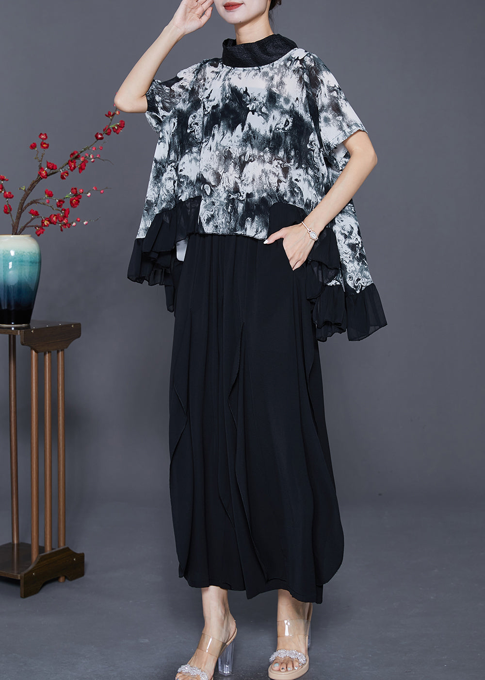 DIY White Tie Dye Low High Design Chiffon Two Pieces Set Summer LY7652