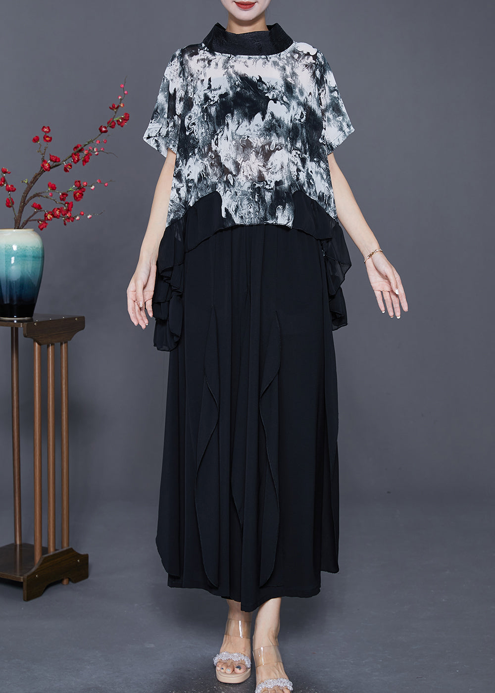 DIY White Tie Dye Low High Design Chiffon Two Pieces Set Summer LY7652