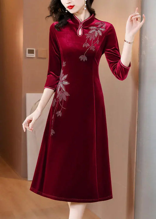 DIY Wine Red Embroidered Slim Silk Velour Long Dress Fall Ada Fashion