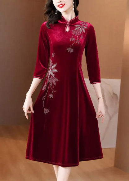 DIY Wine Red Embroidered Slim Silk Velour Long Dress Fall Ada Fashion