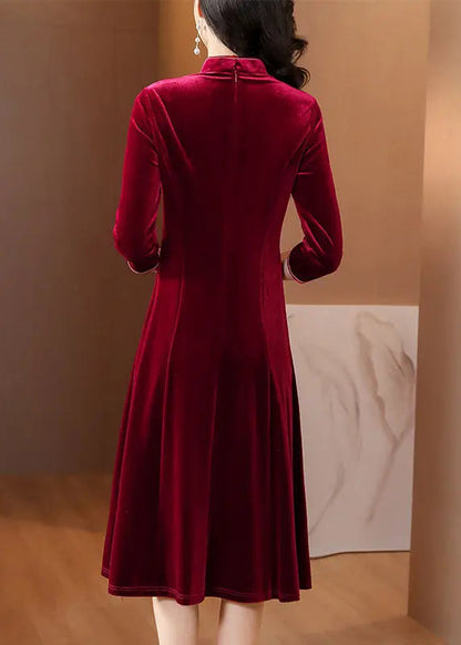 DIY Wine Red Embroidered Slim Silk Velour Long Dress Fall Ada Fashion