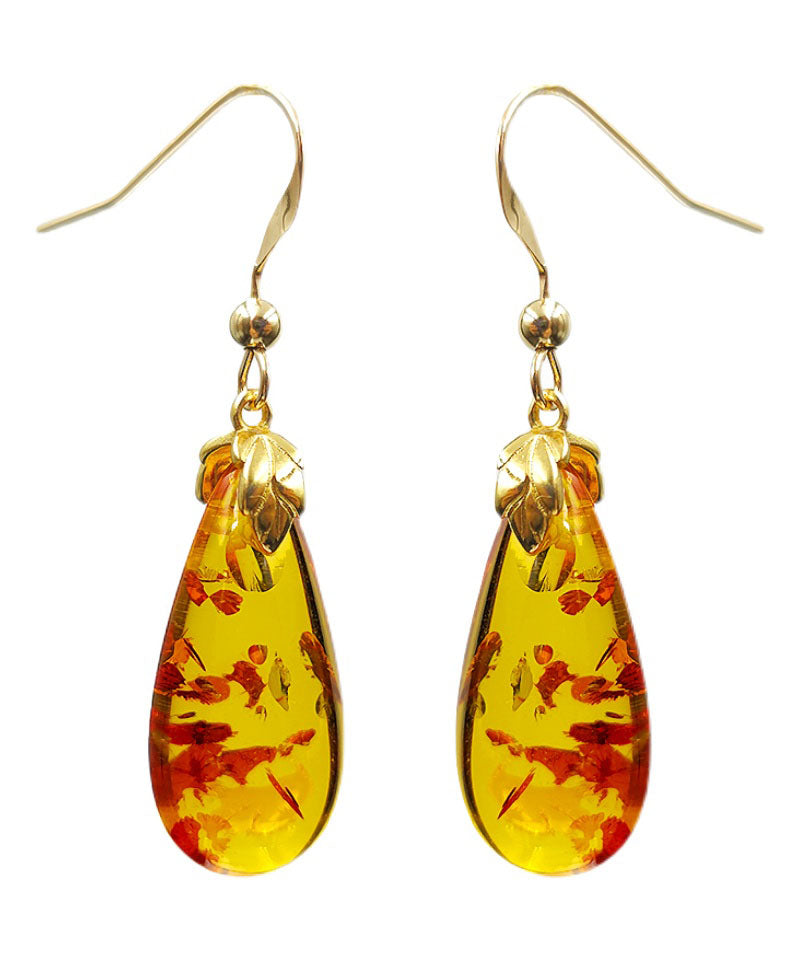 DIY Yellow 14K Gold Amber Water Drop Drop Earrings Ada Fashion