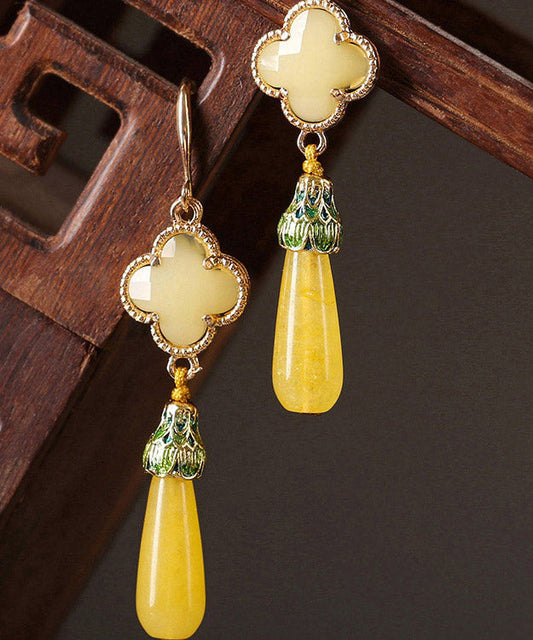 DIY Yellow Copper Jade Coloured Glaze Cloisonne Clover Drop Earrings LY2010 - fabuloryshop