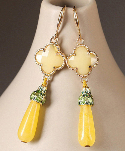 DIY Yellow Copper Jade Coloured Glaze Cloisonne Clover Drop Earrings LY2010 - fabuloryshop