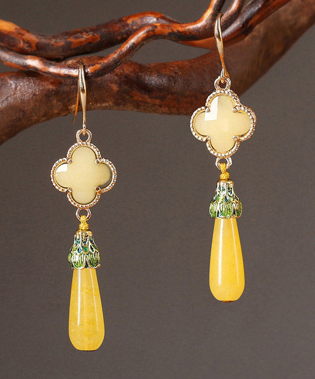 DIY Yellow Copper Jade Coloured Glaze Cloisonne Clover Drop Earrings LY2010 - fabuloryshop