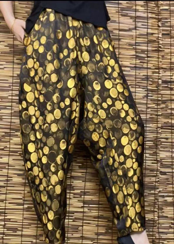 DIY Yellow Pockets Print Elastic Waist Harem Pants Summer Ada Fashion