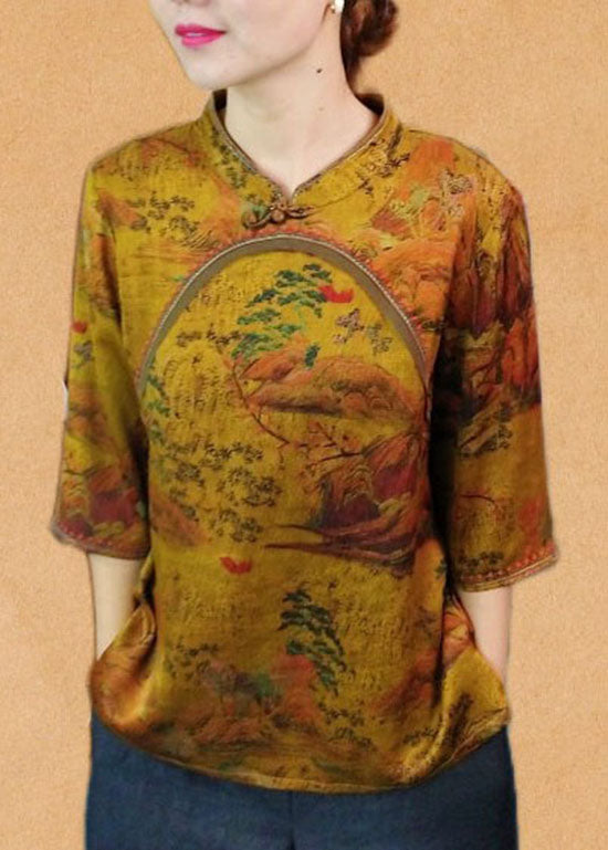 DIY Yellow Stand Collar Print Patchwork Silk Shirt Top Spring LC0263 - fabuloryshop