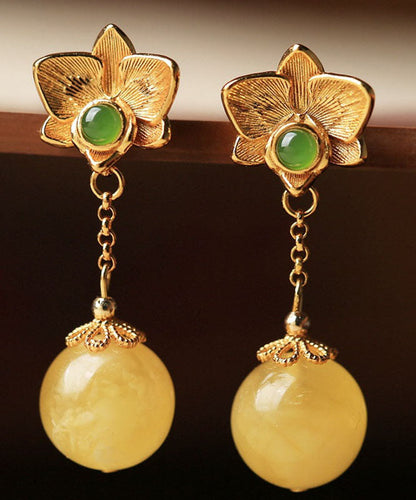 DIY Yellow Sterling Silver Beeswax Amber Jade Floral Drop Earrings Ada Fashion