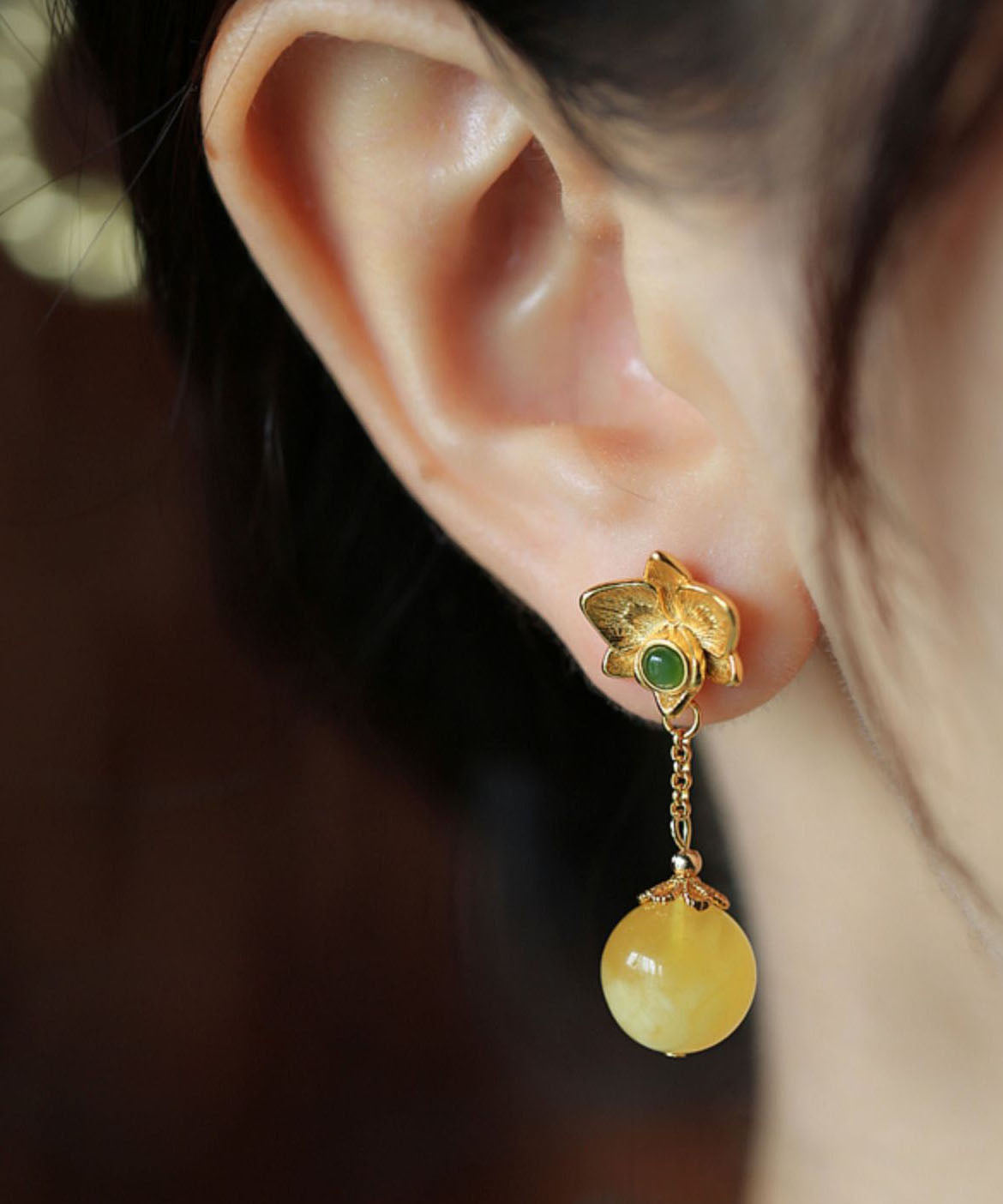 DIY Yellow Sterling Silver Beeswax Amber Jade Floral Drop Earrings Ada Fashion