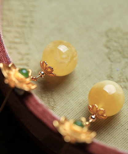 DIY Yellow Sterling Silver Beeswax Amber Jade Floral Drop Earrings Ada Fashion