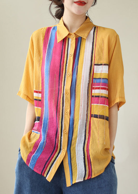 DIY Yellow Striped Zircon Patchwork Cotton Shirts Tops Summer LY5306 - fabuloryshop