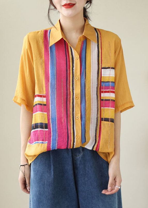 DIY Yellow Striped Zircon Patchwork Cotton Shirts Tops Summer LY5306 - fabuloryshop