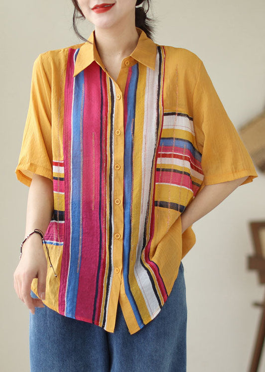 DIY Yellow Striped Zircon Patchwork Cotton Shirts Tops Summer LY5306 - fabuloryshop