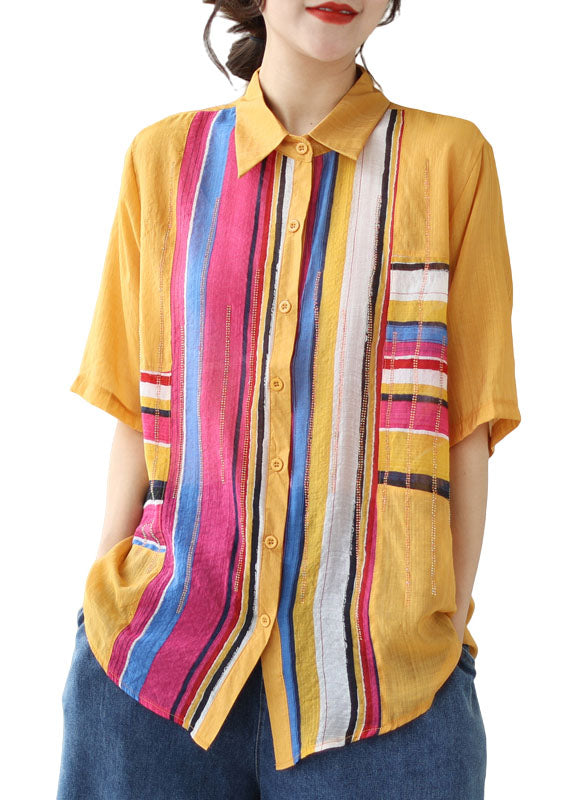 DIY Yellow Striped Zircon Patchwork Cotton Shirts Tops Summer LY5306 - fabuloryshop