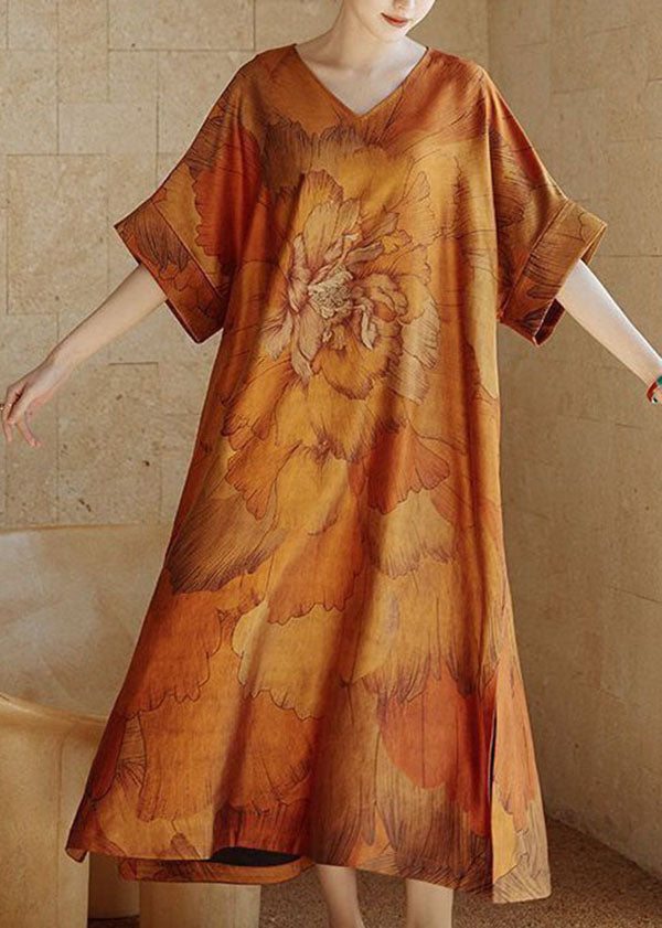 DIY Yellow V Neck Print Side Open Patchwork Silk Dress Summer TI1055
