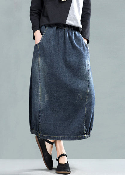 Dark Blue Patchwork Denim A Line Skirt Wrinkled Spring TG1042 - fabuloryshop