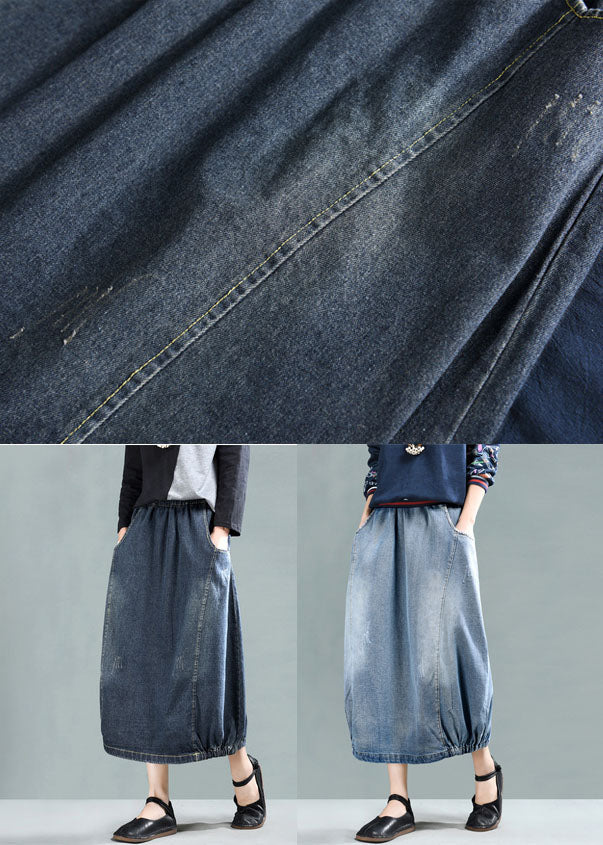 Dark Blue Patchwork Denim A Line Skirt Wrinkled Spring TG1042 - fabuloryshop
