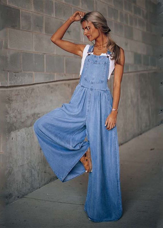 Dark Blue Pockets Patchwork Denim Wide Leg Jumpsuits Summer LY3944 - fabuloryshop